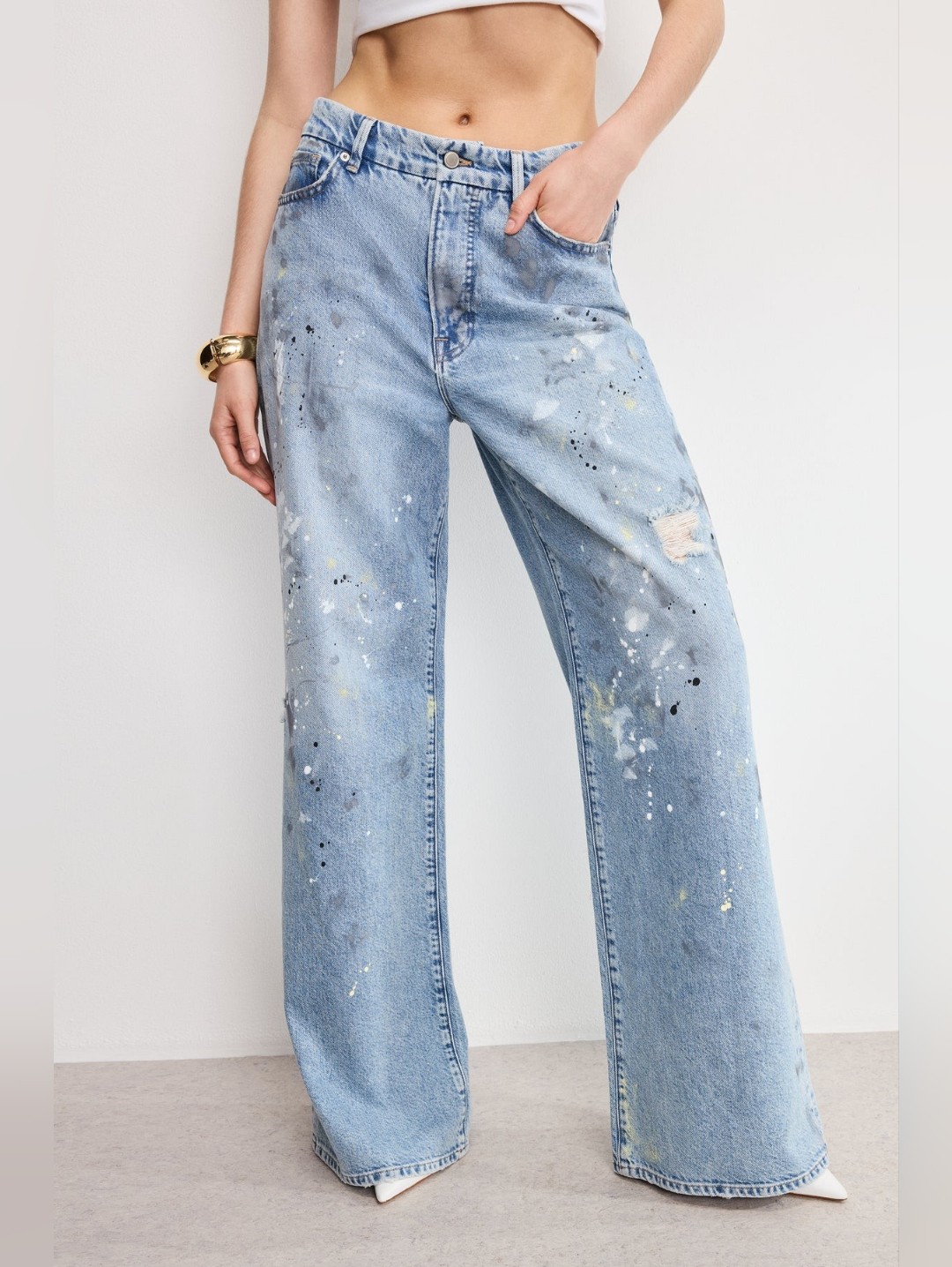 Good American Plus Size 15 Good Ease Jeans Nwt Wide Leg Paint Splatter
